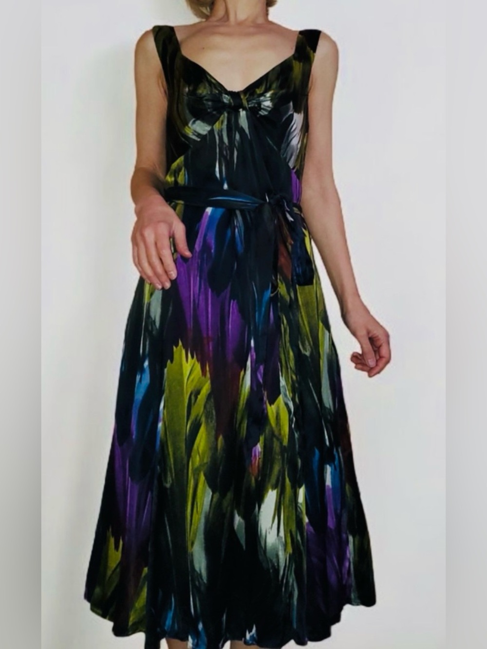 Ted Baker Black Maxi Dress with Purple, Blue & Yellow Brushstroke Print